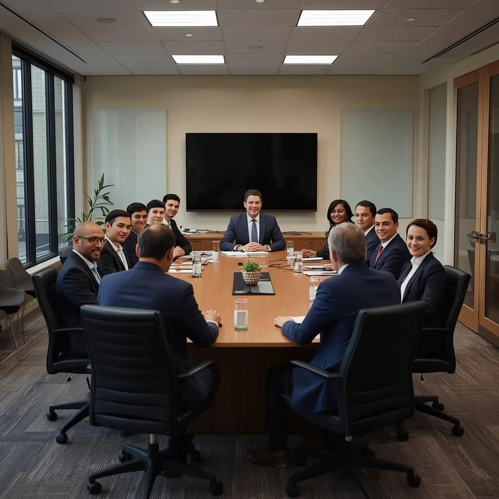 Equipe de advogados reunida em torno de uma mesa de reuniões.